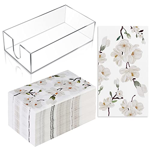 Outus 100 Pcs Paper Guest Towels with Acrylic Napkin Holder Disposable Bathroom Paper Towels Floral White Magnolia Hand Napkins with Tray for Bathroom Powder Room Guest Room Party Decor